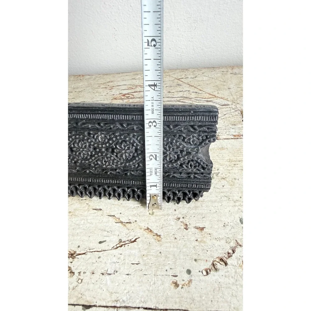 Vintage India Hand Carved Wooden Block Stamp Floral Border Textile Print Tool